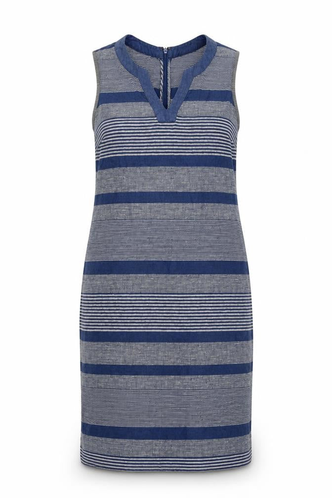 Paul Costelloe Womens Blue Striped Cotton Shift Size 10 V-Neck Zip