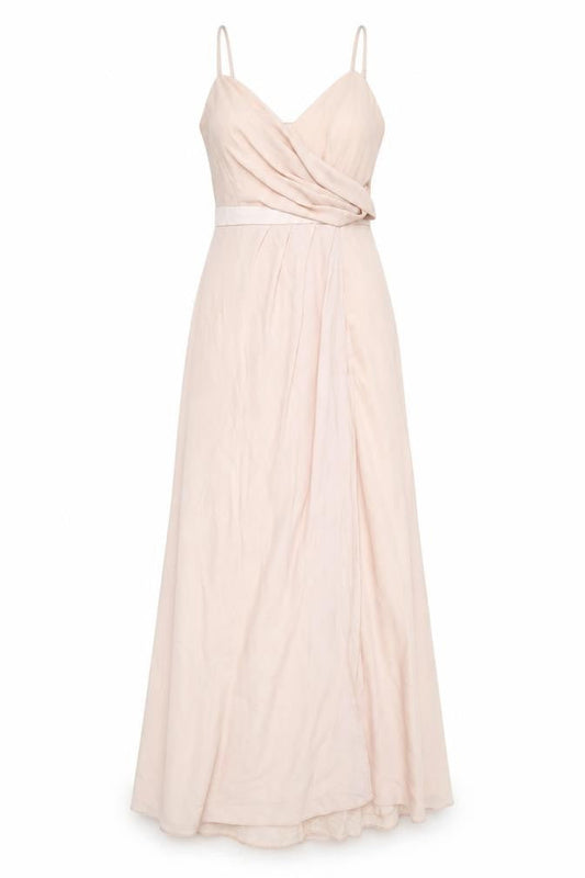 Front view of ASOS women’s pink polyester ball gown, size UK 12, v-neck button - front pleat detail