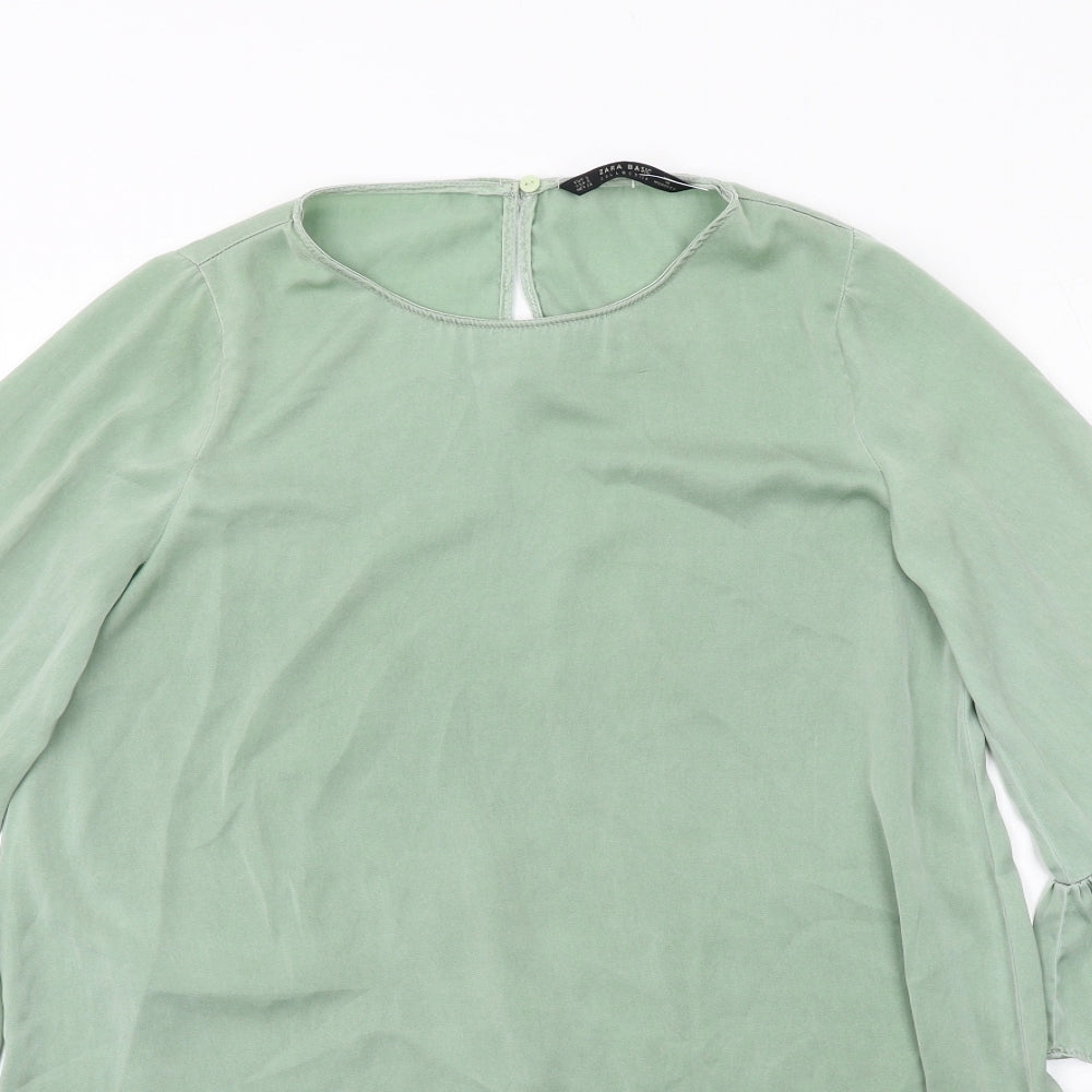 Zara Womens Green Polyester A-Line Size S Round Neck Button