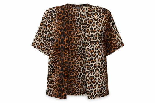 Front view of ICHI women’s brown animal print polyester kimono blouse, size S, v-neck - leopard print
