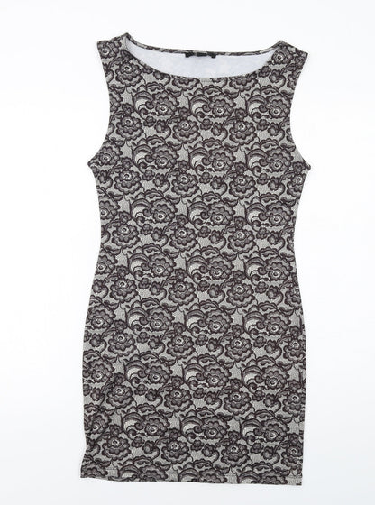 FOREVER 21 Womens Grey Floral Polyester Shift Size M Boat Neck Pullover