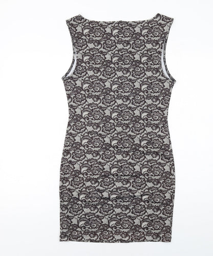 FOREVER 21 Womens Grey Floral Polyester Shift Size M Boat Neck Pullover