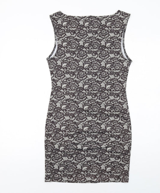 FOREVER 21 Womens Grey Floral Polyester Shift Size M Boat Neck Pullover