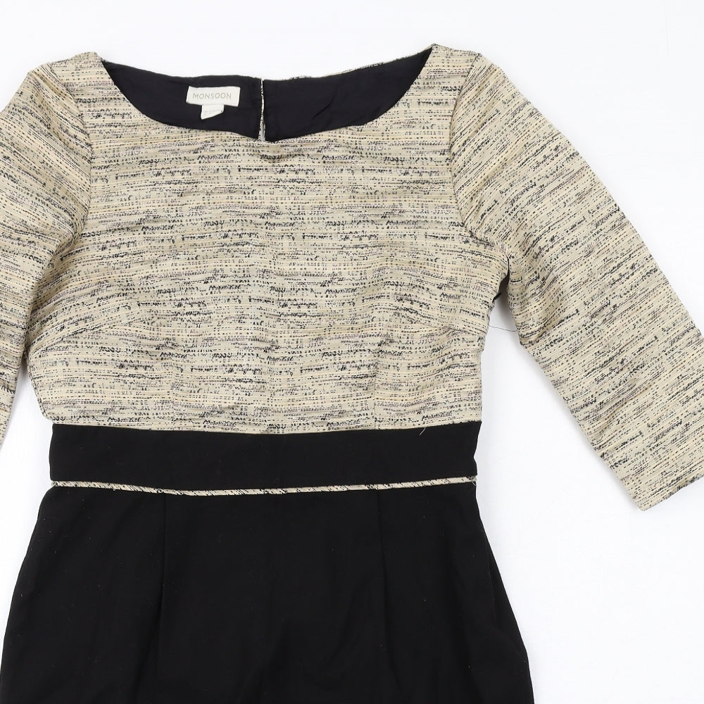 Monsoon Womens Black Colourblock Polyester Sheath Size 12 Boat Neck Zip