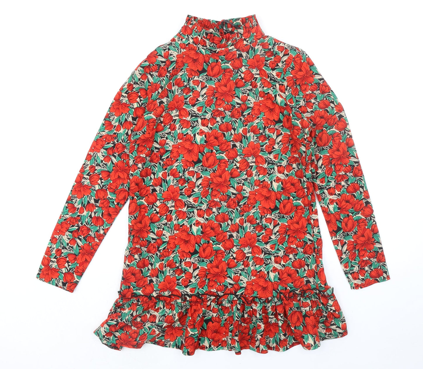 Missguided Womens Multicoloured Floral Polyester A-Line Size 6 Mock Neck Button