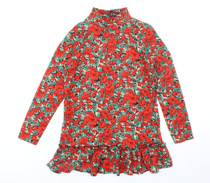 Missguided Womens Multicoloured Floral Polyester A-Line Size 6 Mock Neck Button