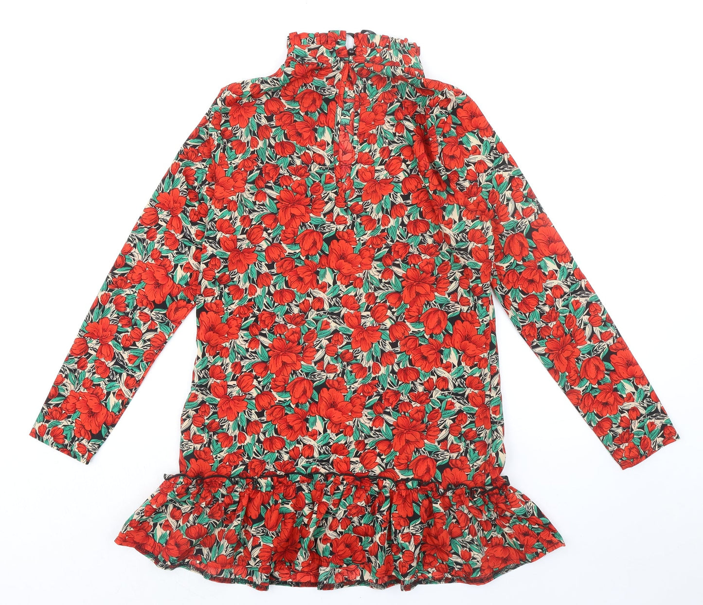 Missguided Womens Multicoloured Floral Polyester A-Line Size 6 Mock Neck Button