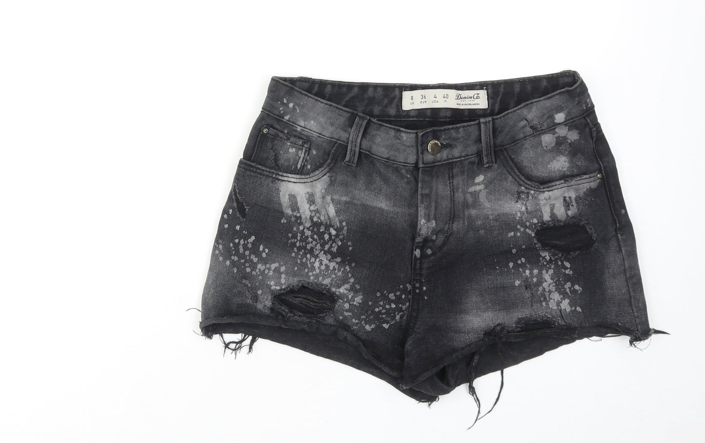 Denim & Co. Womens Black Cotton Boyfriend Shorts Size 8 L3 in Regular Zip - Paint Splatter Raw Hems