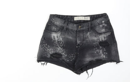 Denim & Co. Womens Black Cotton Boyfriend Shorts Size 8 L3 in Regular Zip - Paint Splatter Raw Hems