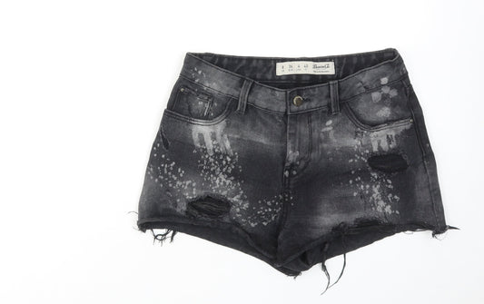 Denim & Co. Womens Black Cotton Boyfriend Shorts Size 8 L3 in Regular Zip - Paint Splatter Raw Hems