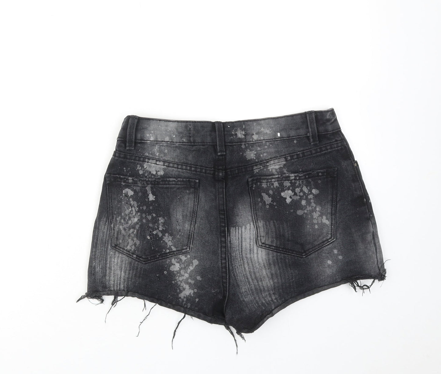 Denim & Co. Womens Black Cotton Boyfriend Shorts Size 8 L3 in Regular Zip - Paint Splatter Raw Hems