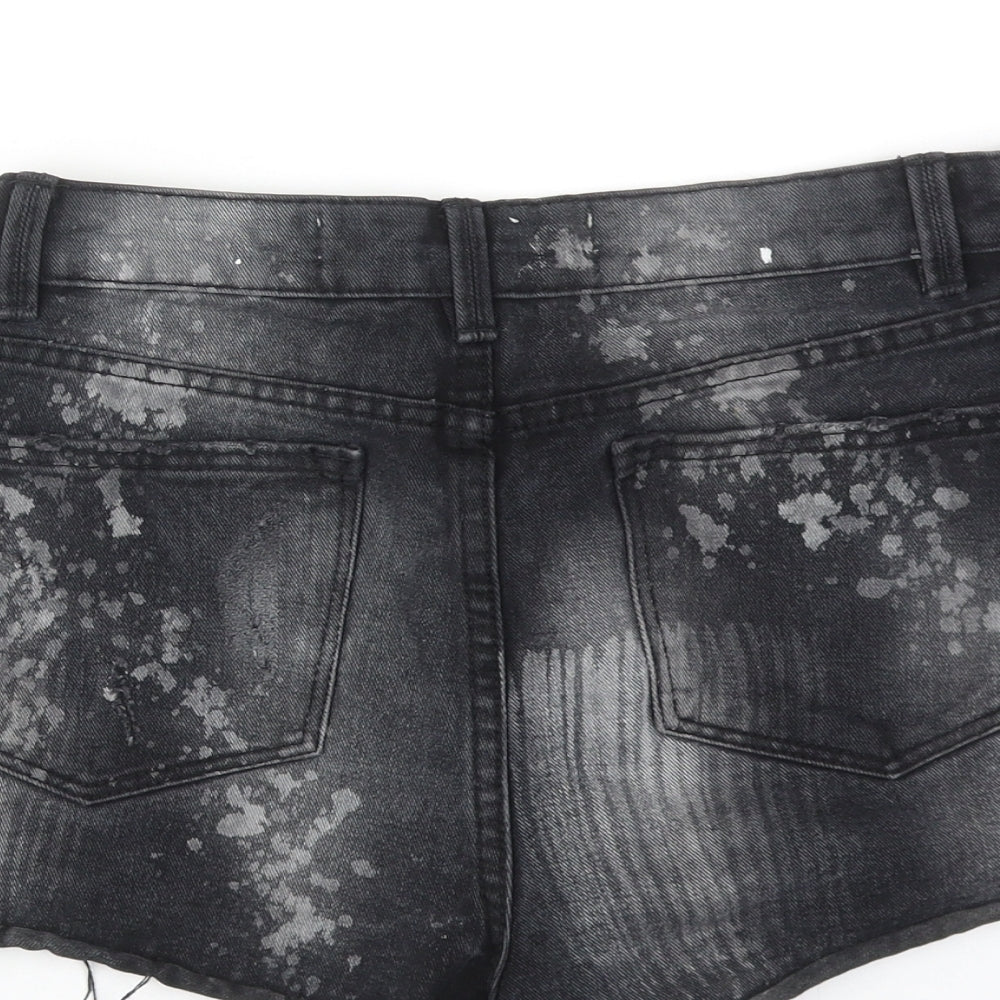 Denim & Co. Womens Black Cotton Boyfriend Shorts Size 8 L3 in Regular Zip - Paint Splatter Raw Hems