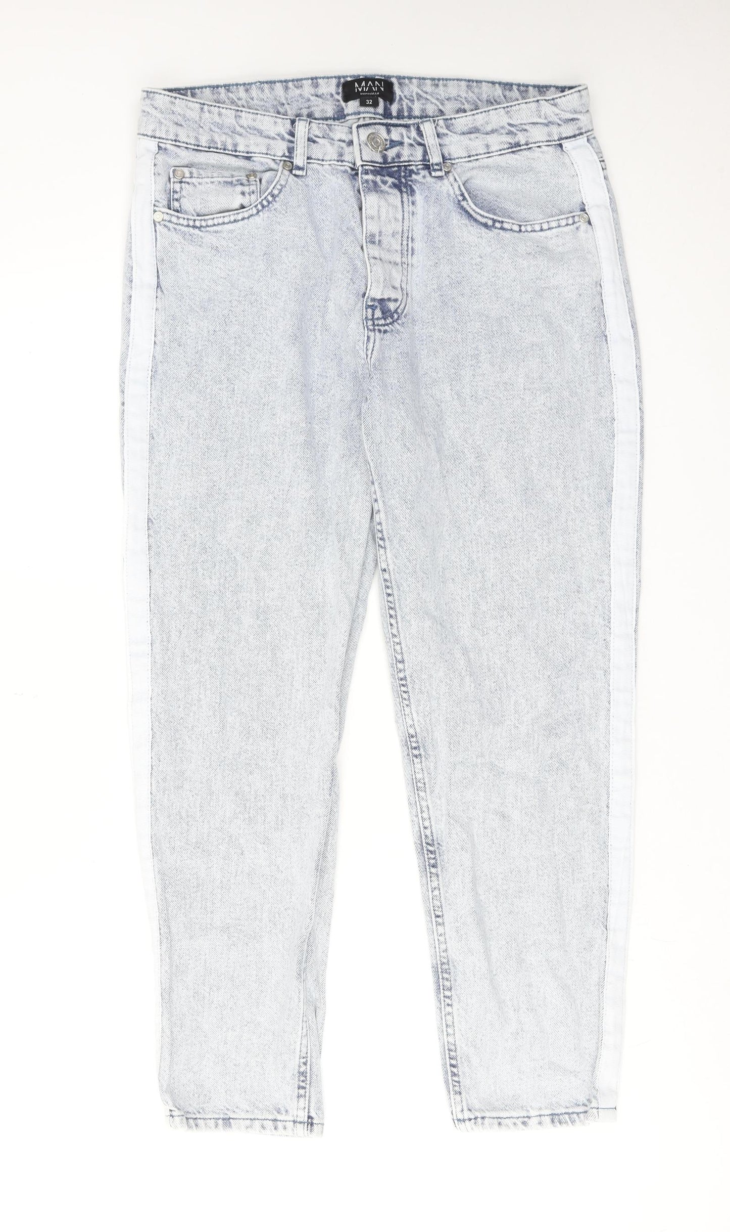 Boohoo Mens Blue Cotton Tapered Jeans Size 32 in Regular Zip - Side Stripe Detail