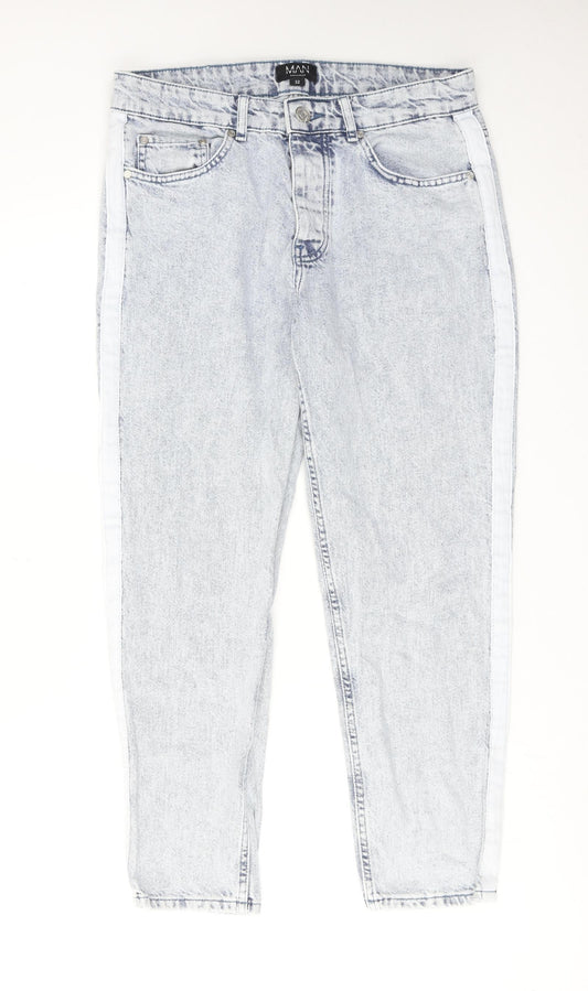 Boohoo Mens Blue Cotton Tapered Jeans Size 32 in Regular Zip - Side Stripe Detail