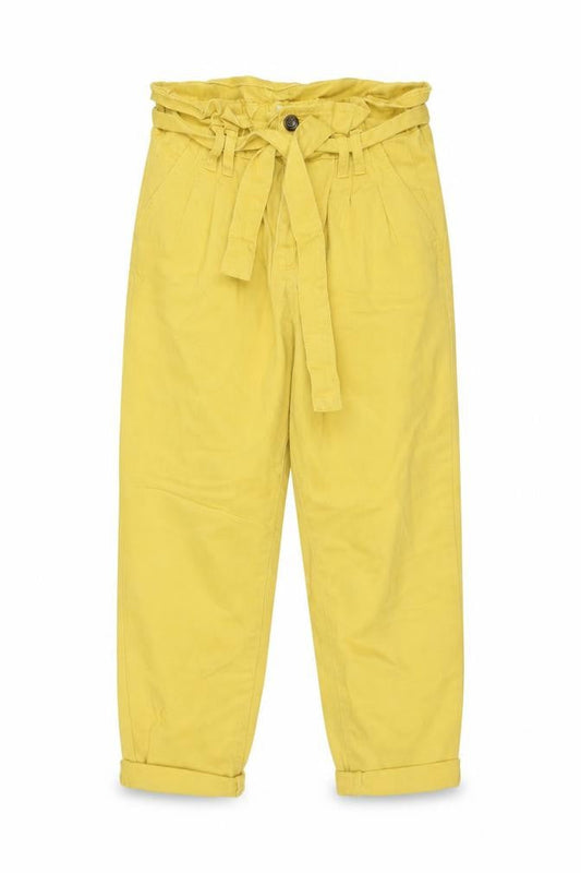 Front view of Denim & Co. women’s yellow cotton tapered jeans, size UK 6, 25-inch leg regular zip - paperbag waist