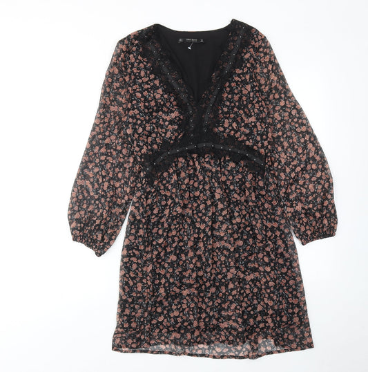 Zara Womens Multicoloured Floral Polyester A-Line Size S V-Neck Pullover