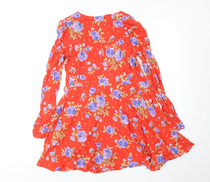 Zara Womens Red Floral Viscose Wrap Dress Size S V-Neck Tie