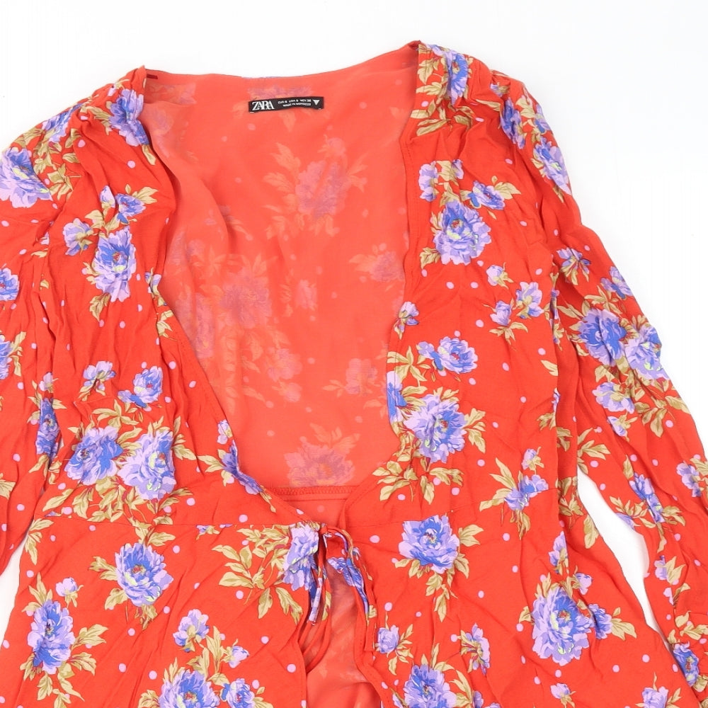 Zara Womens Red Floral Viscose Wrap Dress Size S V-Neck Tie
