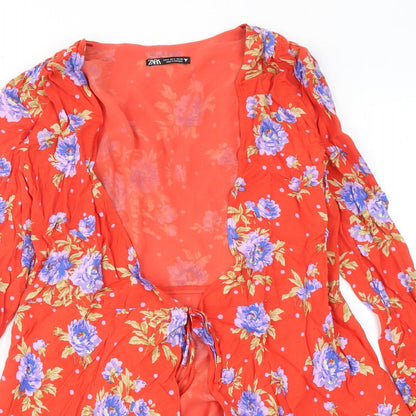 Zara Womens Red Floral Viscose Wrap Dress Size S V-Neck Tie