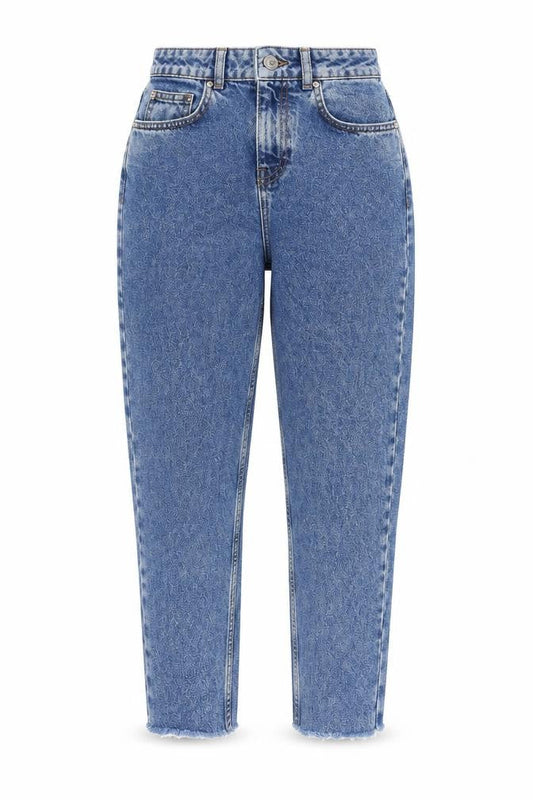 Front view of Denim & Co. women’s blue cotton tapered jeans, size UK 4, 26-inch leg regular zip - frayed hem