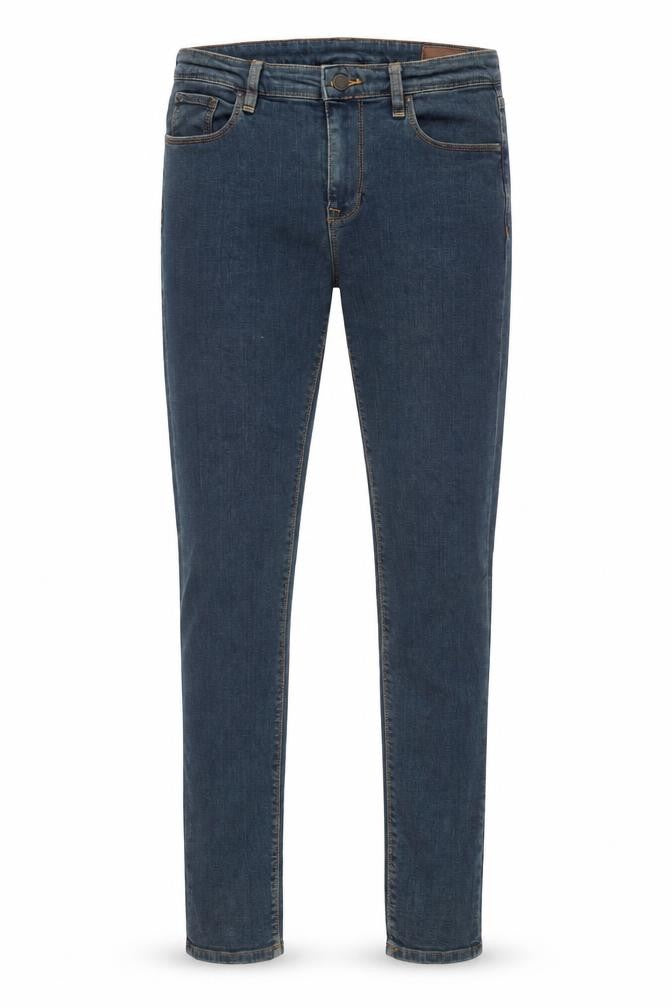 Front view of ASOS men’s blue cotton skinny jeans, size 32, in, 32-inch leg regular zip
