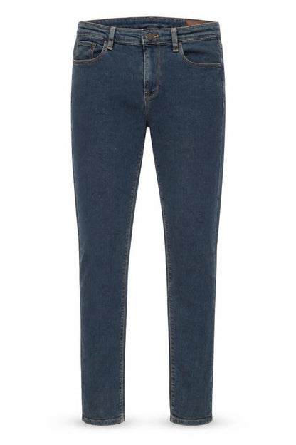 Front view of ASOS men’s blue cotton skinny jeans, size 32, in, 32-inch leg regular zip