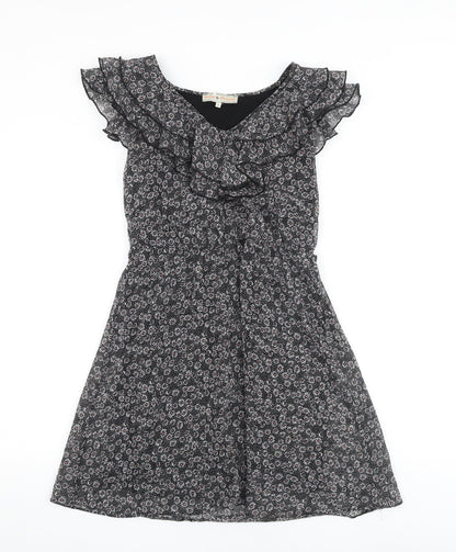 Billie Blossom Womens Black Geometric Polyester A-Line Size 6 V-Neck Zip