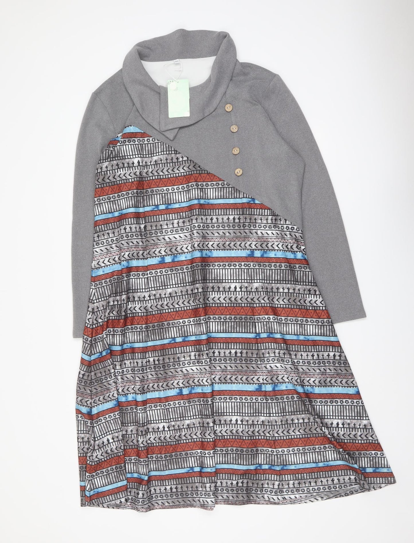 Maria & Gabriela Womens Grey Geometric Cotton Trapeze & Swing Size 2XL Collared Pullover