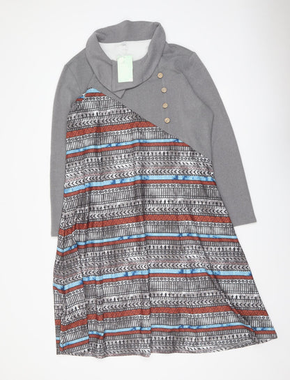 Maria & Gabriela Womens Grey Geometric Cotton Trapeze & Swing Size 2XL Collared Pullover