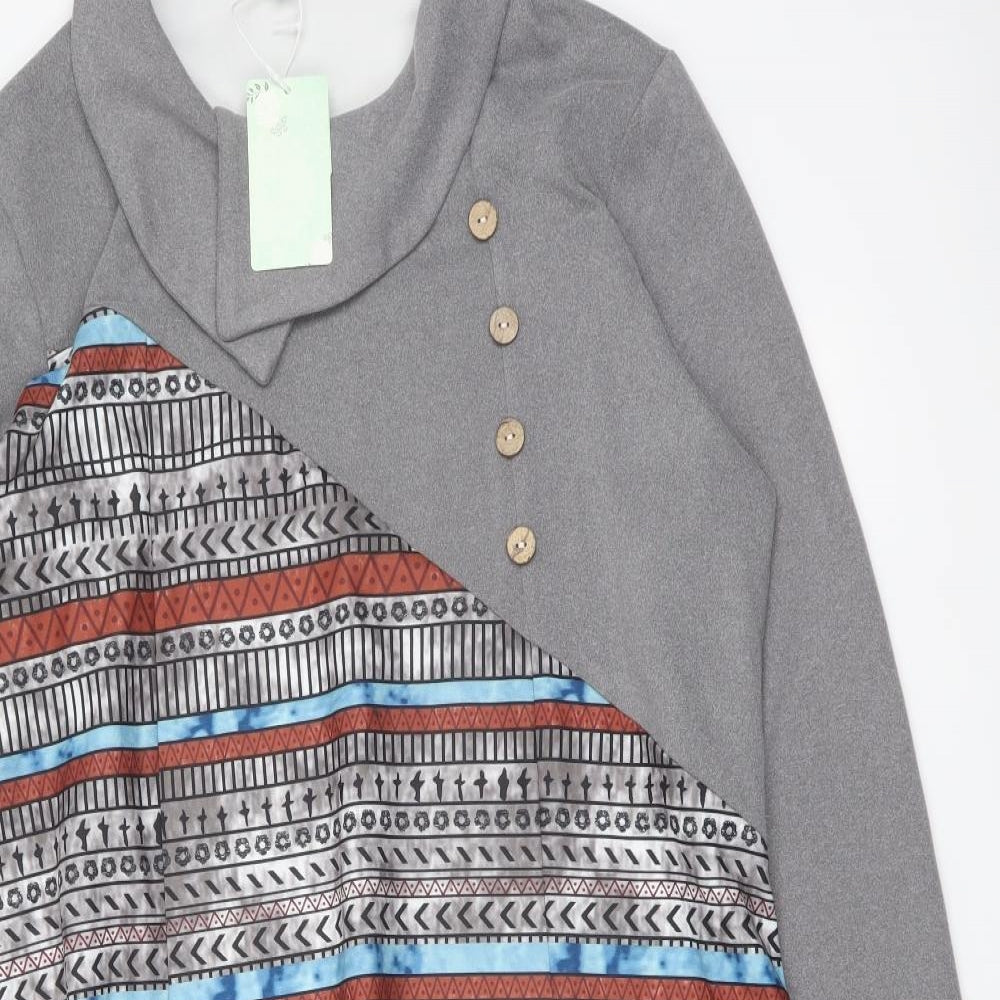 Maria & Gabriela Womens Grey Geometric Cotton Trapeze & Swing Size 2XL Collared Pullover