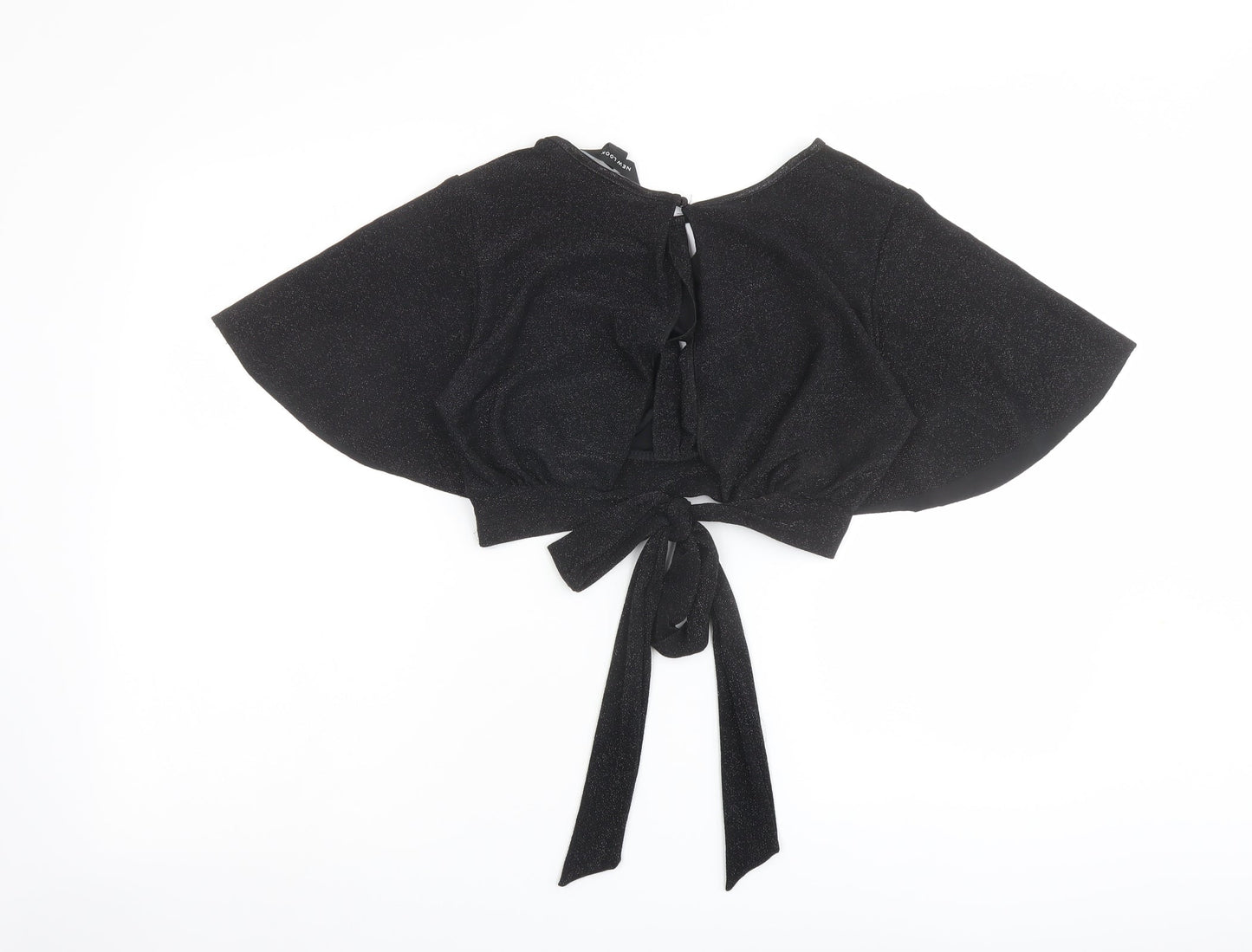 New Look Womens Black Polyester Cropped Blouse Size 8 Boat Neck - Tie Back Detail