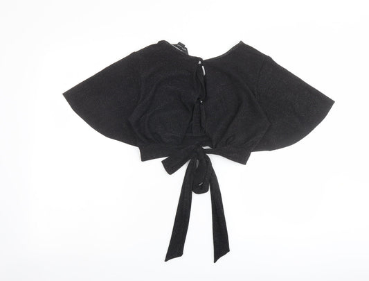 New Look Womens Black Polyester Cropped Blouse Size 8 Boat Neck - Tie Back Detail