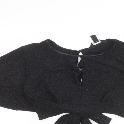 New Look Womens Black Polyester Cropped Blouse Size 8 Boat Neck - Tie Back Detail
