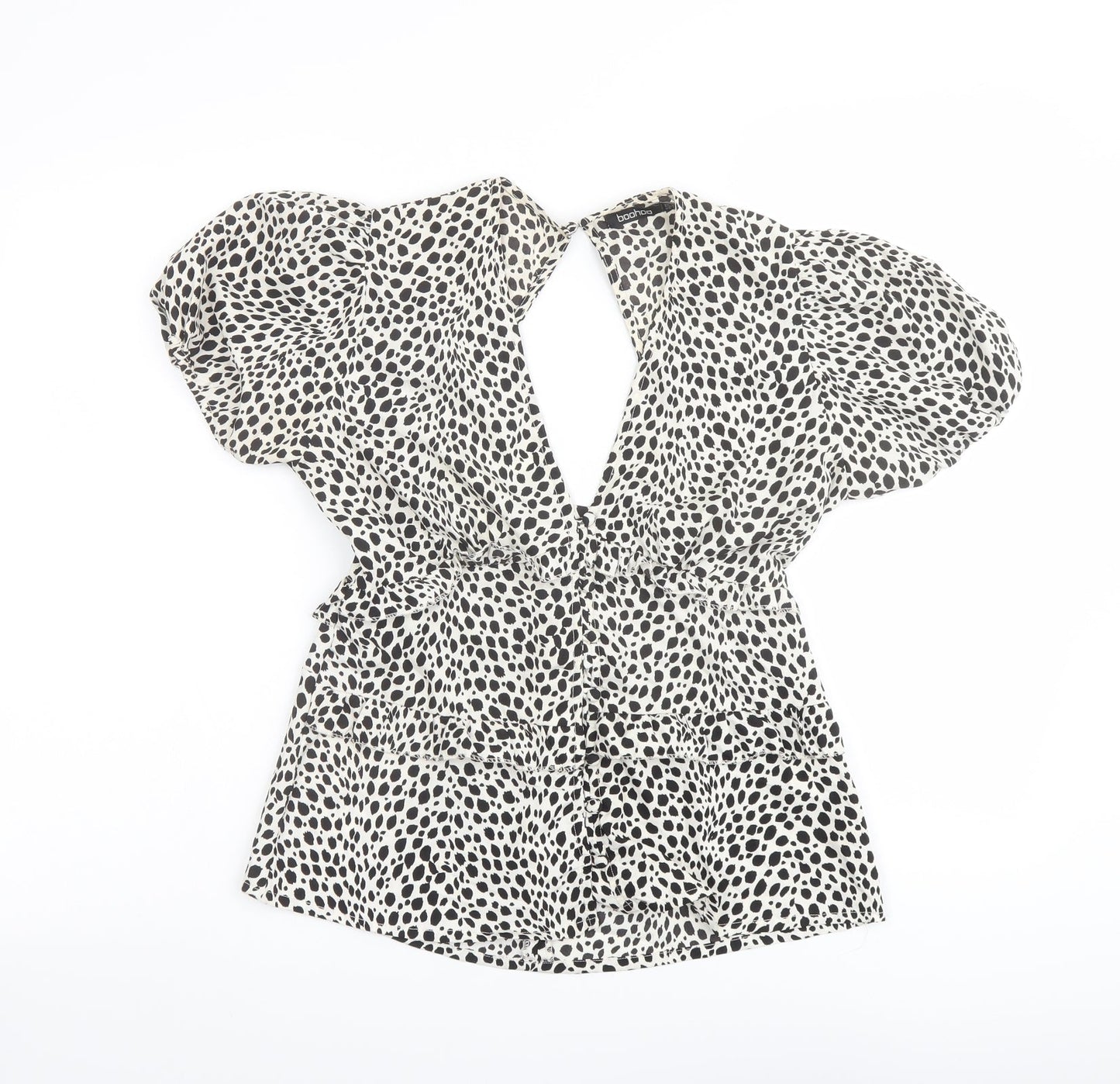 Boohoo Womens Beige Animal Print Polyester Basic Blouse Size 6 V-Neck