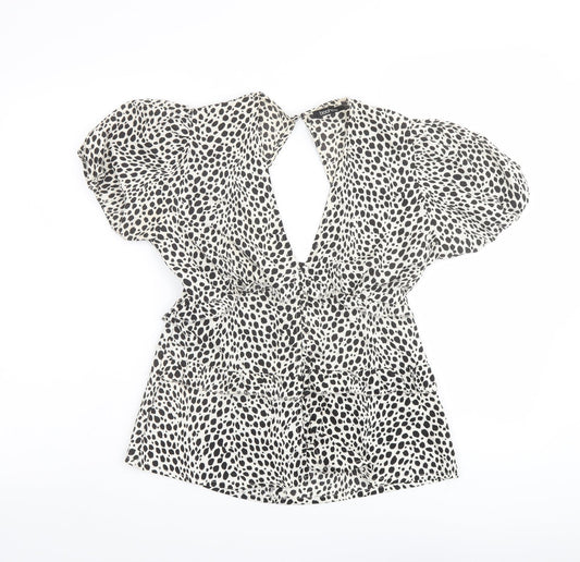 Boohoo Womens Beige Animal Print Polyester Basic Blouse Size 6 V-Neck