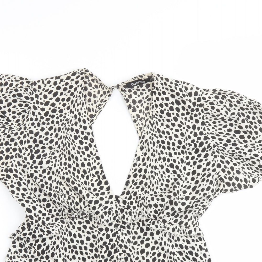 Boohoo Womens Beige Animal Print Polyester Basic Blouse Size 6 V-Neck