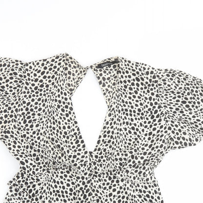 Boohoo Womens Beige Animal Print Polyester Basic Blouse Size 6 V-Neck