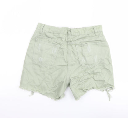 Rebellious Womens Green Cotton Boyfriend Shorts Size 10 L4 in Regular Button - Distressed Look Raw Hems