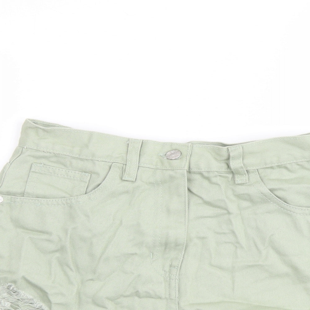 Rebellious Womens Green Cotton Boyfriend Shorts Size 10 L4 in Regular Button - Distressed Look Raw Hems