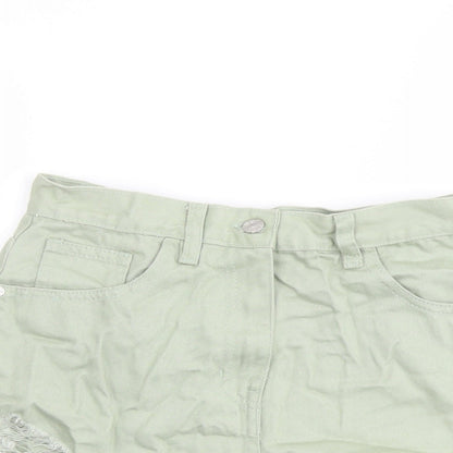 Rebellious Womens Green Cotton Boyfriend Shorts Size 10 L4 in Regular Button - Distressed Look Raw Hems