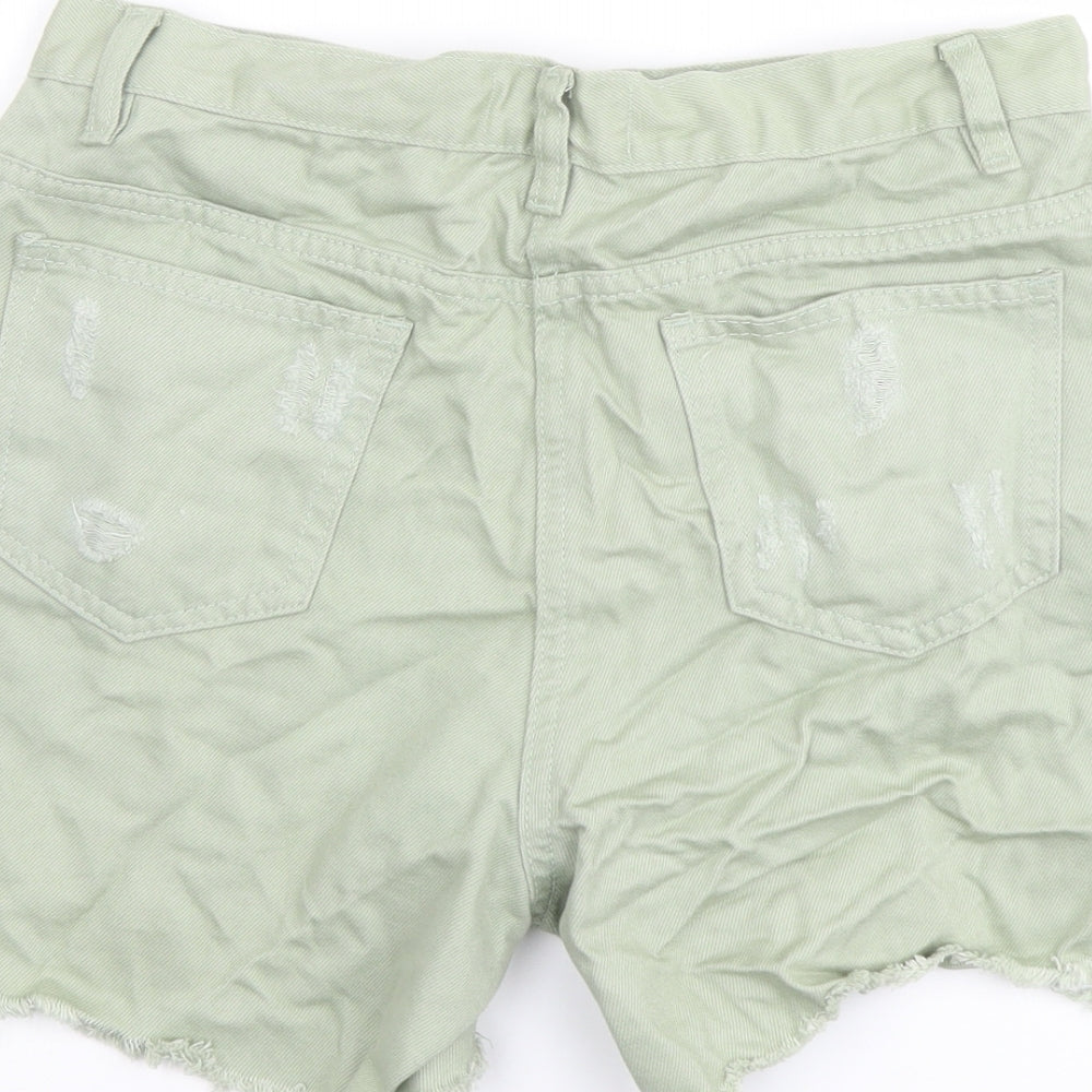 Rebellious Womens Green Cotton Boyfriend Shorts Size 10 L4 in Regular Button - Distressed Look Raw Hems