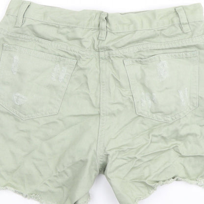 Rebellious Womens Green Cotton Boyfriend Shorts Size 10 L4 in Regular Button - Distressed Look Raw Hems