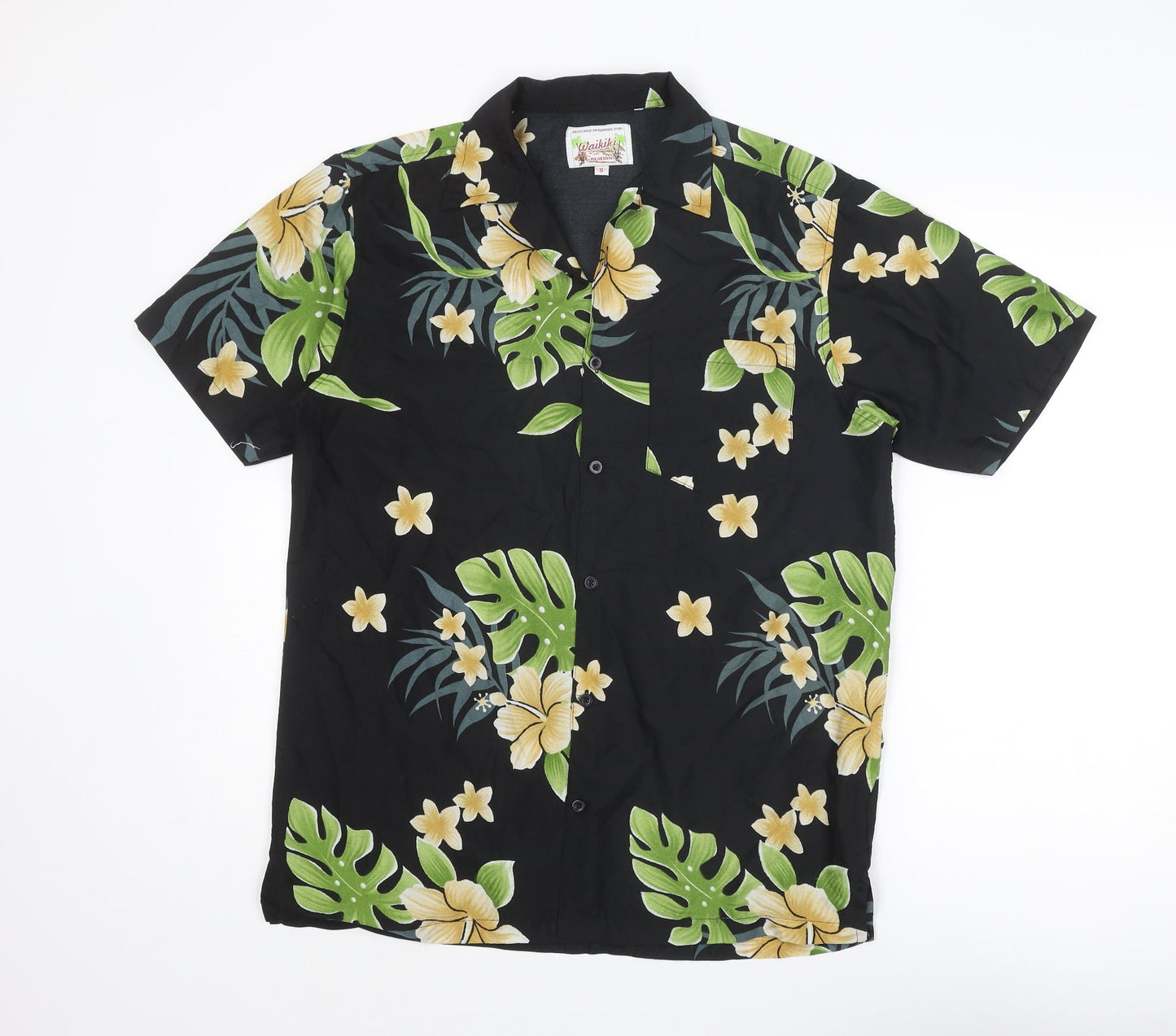 Waikiki Mens Black Geometric Polyester Button-Up Size S Collared Button - Leaf Print