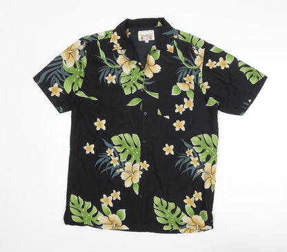 Waikiki Mens Black Geometric Polyester Button-Up Size S Collared Button - Leaf Print