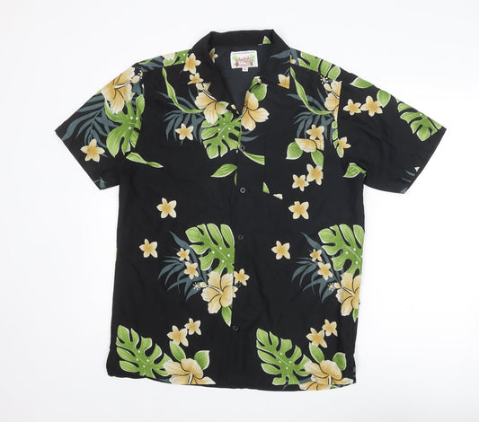 Waikiki Mens Black Geometric Polyester Button-Up Size S Collared Button - Leaf Print