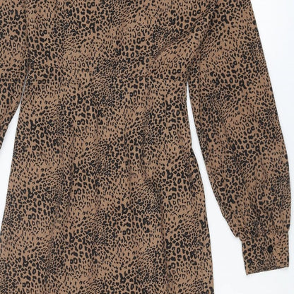 Lola May Womens Brown Animal Print Polyester Shirt Dress Size 8 Collared Button - Leopard Print