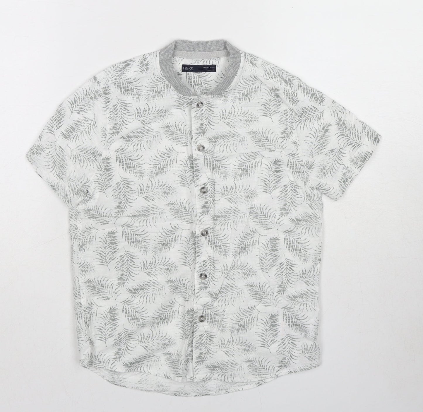 NEXT Boys White Geometric Cotton Basic Button-Up Size 7 Years Round Neck Button - Leaf pattern