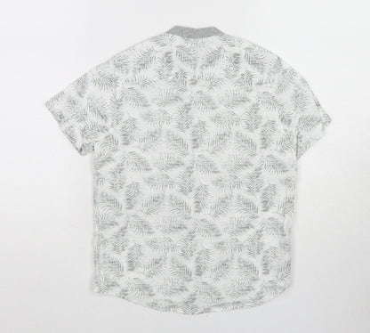 NEXT Boys White Geometric Cotton Basic Button-Up Size 7 Years Round Neck Button - Leaf pattern