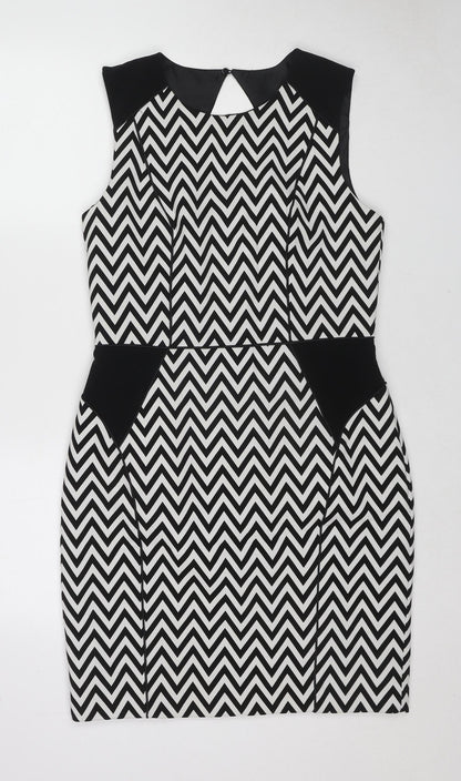 H&M Womens Multicoloured Geometric Polyester Shift Size 14 Round Neck Zip