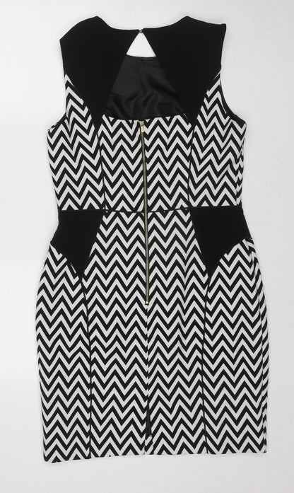 H&M Womens Multicoloured Geometric Polyester Shift Size 14 Round Neck Zip